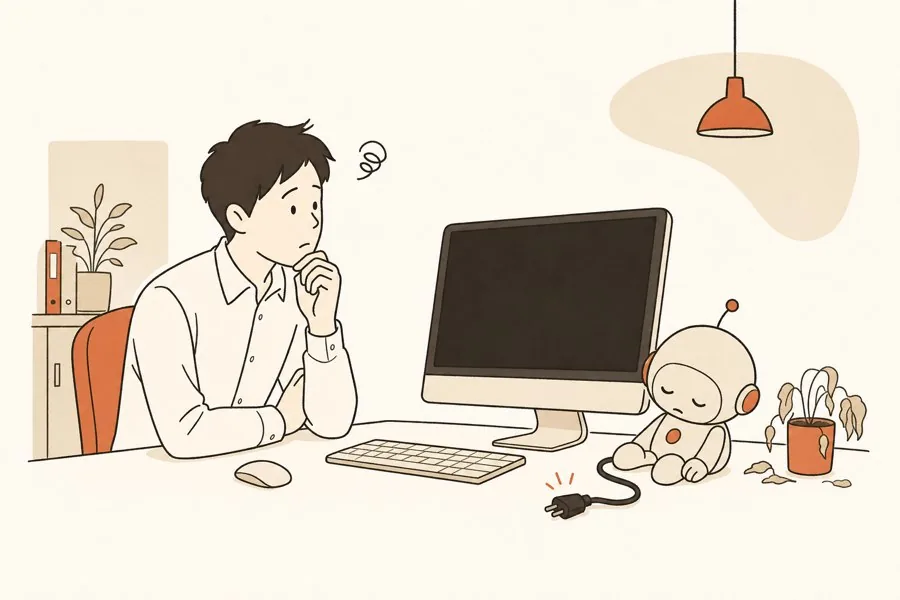 作ったAIが、ある日止まってしまう様子のイラスト