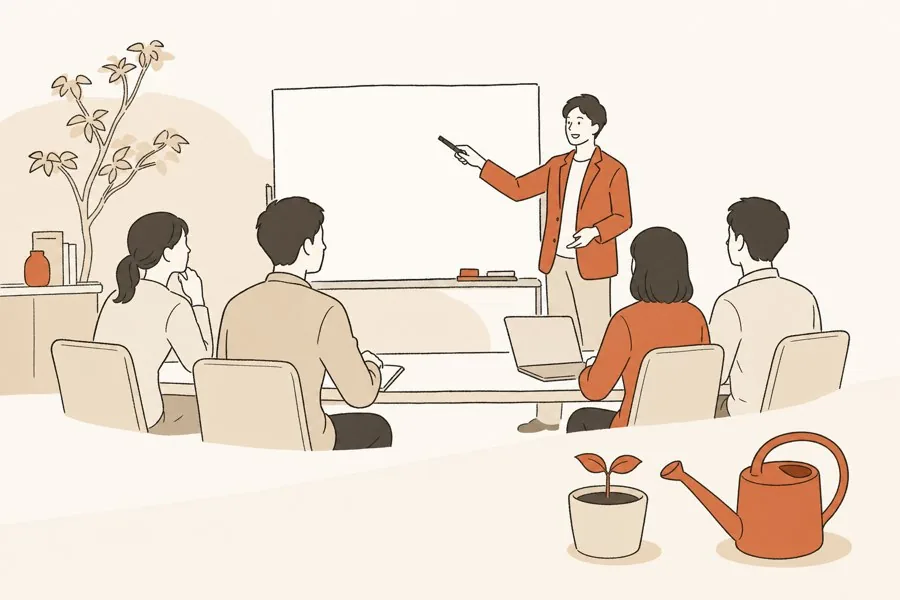 研修をしてもAIを使える人が社内に増えていかない様子のイラスト
